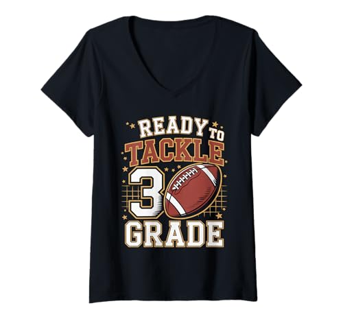 Damen Bereit für die 3. Klasse Fußballschule Jahr zurück zur Schule T-Shirt mit V-Ausschnitt von Funny 3th Grade Football Sport Lover Gifts