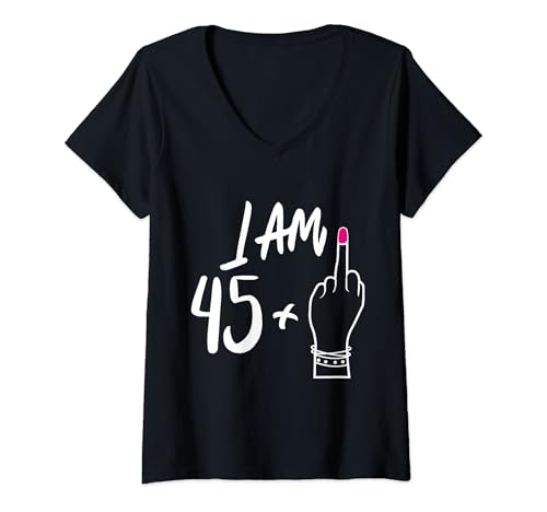Damen Frauen Bday I Am 45 Plus 1 Mittelfinger für 46. Geburtstag T-Shirt mit V-Ausschnitt Damen Frauen Bday I Am 45 Plus 1 Mittelfinger für 46. Geburtstag T-Shirt mit V-Ausschnitt von Funny 46th Birthday party mother's day sarcastic