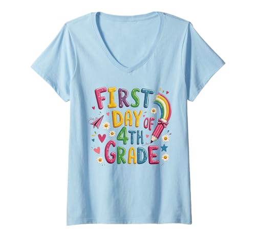 Damen Erster Tag der 4. Klasse, lustiger Schulanfang für Schüler T-Shirt mit V-Ausschnitt von Funny 4th Grade Back To School Costume Gifts