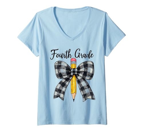 Damen Niedlicher Bleistift für Lehrer oder Schüler der vierten Klasse T-Shirt mit V-Ausschnitt von Funny 4th Grade Costume For Back To School Gifts