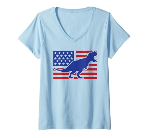 Damen Dinosaurier USA Amerika Flagge 4. Juli patriotisch T-Shirt mit V-Ausschnitt Damen Dinosaurier USA Amerika Flagge 4. Juli patriotisch T-Shirt mit V-Ausschnitt von Funny 4th Of July Apparel For Party