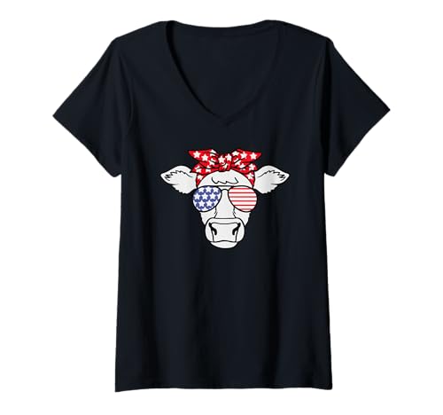 Damen Patriotische Kuh 4. Juli Bauernhof Lustiges Tier USA T-Shirt mit V-Ausschnitt Damen Patriotische Kuh 4. Juli Bauernhof Lustiges Tier USA T-Shirt mit V-Ausschnitt von Funny 4th Of July Apparel For Party