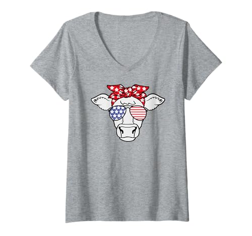Damen Patriotische Kuh 4. Juli USA Flagge Unabhängigkeitstag Bauernhof T-Shirt mit V-Ausschnitt Damen Patriotische Kuh 4. Juli USA Flagge Unabhängigkeitstag Bauernhof T-Shirt mit V-Ausschnitt von Funny 4th Of July Apparel For Party