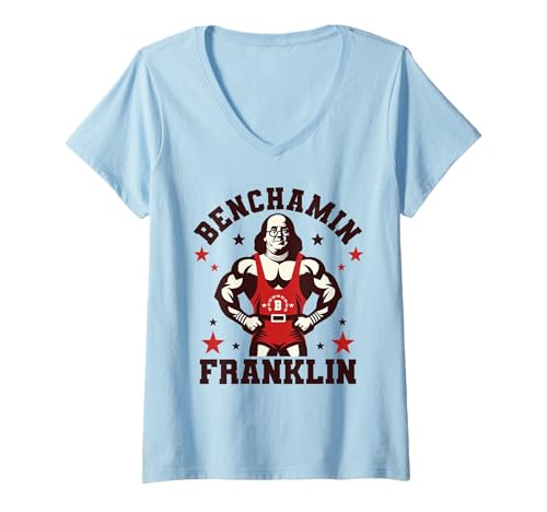Damen Benjamin Benchamin Franklin Bench Press Bodybuilding Gym T-Shirt mit V-Ausschnitt Damen Benjamin Benchamin Franklin Bench Press Bodybuilding Gym T-Shirt mit V-Ausschnitt von Funny 4th Of July Patriotic USA Apparel
