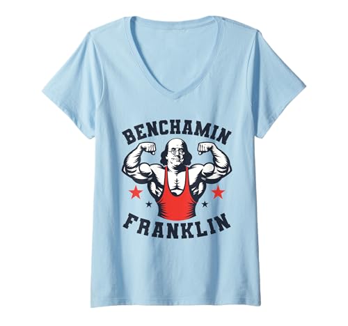 Damen Benjamin Benchamin Franklin Bench Press Bodybuilding Gym T-Shirt mit V-Ausschnitt von Funny 4th Of July Patriotic USA Apparel
