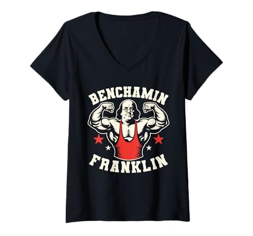 Damen Benjamin Benchamin Franklin Bench Press Bodybuilding Gym T-Shirt mit V-Ausschnitt Damen Benjamin Benchamin Franklin Bench Press Bodybuilding Gym T-Shirt mit V-Ausschnitt von Funny 4th Of July Patriotic USA Apparel