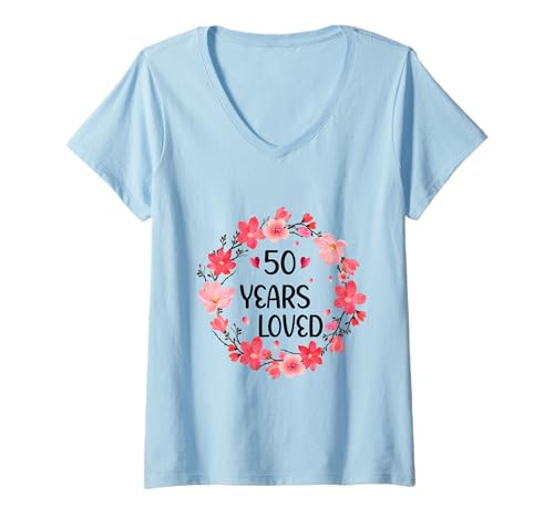 Damen Floral 50 Years Loved Women 50 Years Old cool 50th Birthday T-Shirt mit V-Ausschnitt von Funny 50 Years Old Gifts for Mom Grandma