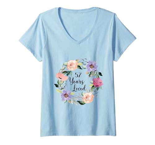 Damen 57 Years Loved 57th Birthday Floral 57 Years Loved Women T-Shirt mit V-Ausschnitt von Funny 57 Years Loved Gifts for Mom Grandma