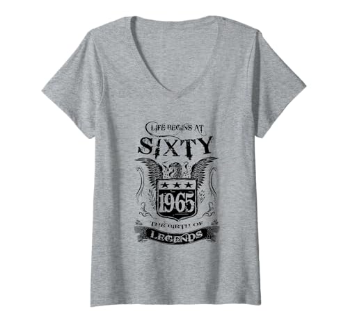 Damen 1965 Life Begins at 60 Years 60th Years 60 Birthday Sixty T-Shirt mit V-Ausschnitt Damen 1965 Life Begins at 60 Years 60th Years 60 Birthday Sixty T-Shirt mit V-Ausschnitt von Funny 60th Birthday Present 60 Years by GitGraf