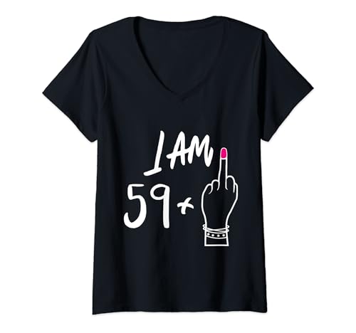 Damen Frauen Bday I Am 59 Plus 1 Mittelfinger für 60. Geburtstag T-Shirt mit V-Ausschnitt von Funny 60th Birthday party mother's day sarcastic