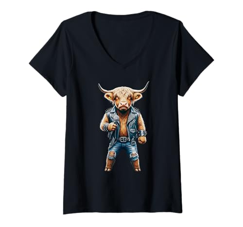 Damen Highland Cow Rockstar Rock Sänger Geschenk für Männer Frauen Kinder T-Shirt mit V-Ausschnitt Damen Highland Cow Rockstar Rock Sänger Geschenk für Männer Frauen Kinder T-Shirt mit V-Ausschnitt von Funny 80s Vintage Punk Rock Music Concert Lover
