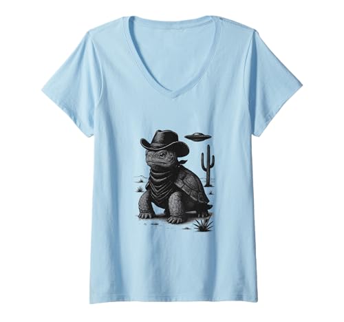 Damen Lustige Cowboy-Schildkröte UFO Alien Western Space Tortoise T-Shirt mit V-Ausschnitt Damen Lustige Cowboy-Schildkröte UFO Alien Western Space Tortoise T-Shirt mit V-Ausschnitt von Funny 90s Western Cowboy Tortoise UFO Tee