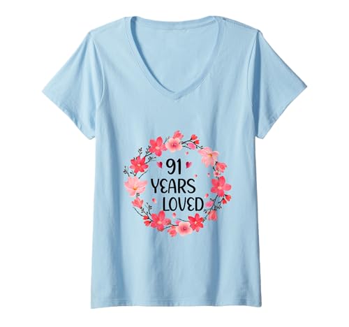 Damen Floral 91 Years Loved Women 91 Years Old cool 91th Birthday T-Shirt mit V-Ausschnitt Damen Floral 91 Years Loved Women 91 Years Old cool 91th Birthday T-Shirt mit V-Ausschnitt von Funny 91 Years Old Gifts for Mom Grandma