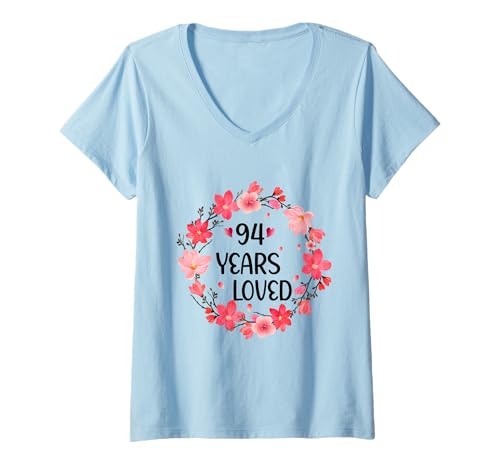 Damen Floral 94 Years Loved Women 94 Years Old cool 94th Birthday T-Shirt mit V-Ausschnitt von Funny 94 Years Old Gifts for Mom Grandma