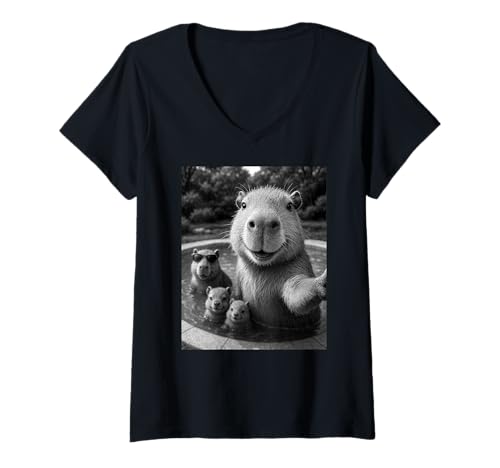 Damen Capybara Selfie Meme Witz Humor Sommer Urlaub Cool Trendy T-Shirt mit V-Ausschnitt von Funny AI Capybara Family Vacation Tees & Gifts
