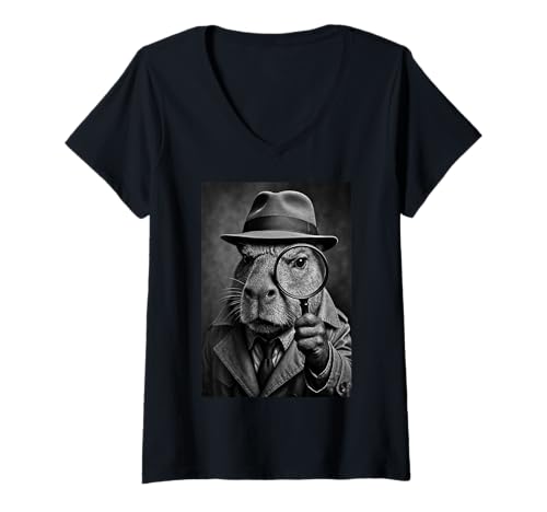 Damen Detektiv Capybara Selfie Capy Tiere Meme Witz Humor Cool T-Shirt mit V-Ausschnitt von Funny AI Generate Capybara Selfie Tees & Gifts