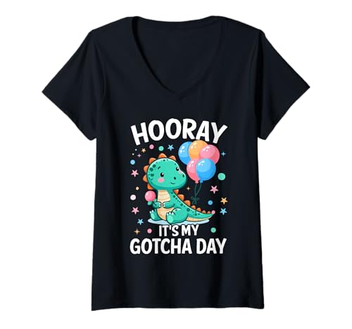 Damen Hooray It's My Gotcha Day Foster Care Funny Adoptive Parents T-Shirt mit V-Ausschnitt von Funny Adoption Shirts for Women Men Kids