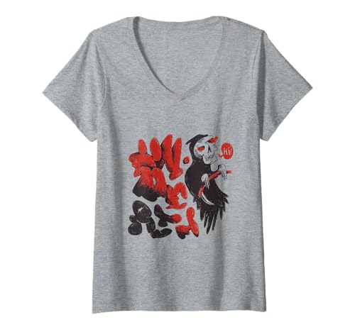 Damen Hi Sensenmann – dunkler Humor Halloween-Kostüm T-Shirt mit V-Ausschnitt Damen Hi Sensenmann – dunkler Humor Halloween-Kostüm T-Shirt mit V-Ausschnitt von Funny Afterlife Vibes Apparel