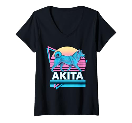 Damen American Akita Retro Vintage Synthwave Ästhetischer Hundeliebhaber T-Shirt mit V-Ausschnitt Damen American Akita Retro Vintage Synthwave Ästhetischer Hundeliebhaber T-Shirt mit V-Ausschnitt von Funny Akita 80s Synthwave Vaporwave Dog Designs