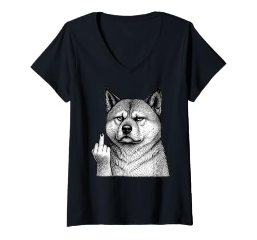 Damen American Akita Mittelfinger sarkastischer Hundeliebhaber T-Shirt mit V-Ausschnitt Damen American Akita Mittelfinger sarkastischer Hundeliebhaber T-Shirt mit V-Ausschnitt von Funny Akita Flipping Off Dog Designs