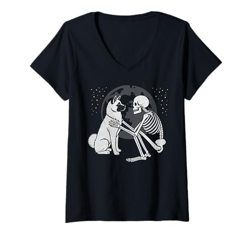 Damen American Akita Skelett Mond Halloween Hundeliebhaber T-Shirt mit V-Ausschnitt Damen American Akita Skelett Mond Halloween Hundeliebhaber T-Shirt mit V-Ausschnitt von Funny Akita Gothic Dog Designs