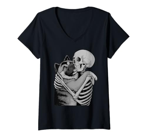Damen American Akita Skelett Umarmung Halloween Hundeliebhaber T-Shirt mit V-Ausschnitt Damen American Akita Skelett Umarmung Halloween Hundeliebhaber T-Shirt mit V-Ausschnitt von Funny Akita Gothic Dog Designs