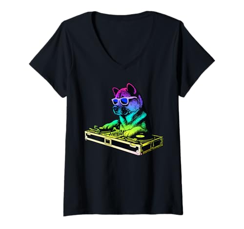 Damen American Akita DJ Music Party Hundeliebhaber T-Shirt mit V-Ausschnitt Damen American Akita DJ Music Party Hundeliebhaber T-Shirt mit V-Ausschnitt von Funny Akita House Music Dog Designs