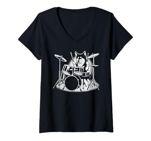 Damen American Akita spielt Schlagzeug Schlagzeuger Dog Lover T-Shirt mit V-Ausschnitt Damen American Akita spielt Schlagzeug Schlagzeuger Dog Lover T-Shirt mit V-Ausschnitt von Funny Akita Rock And Roll Dog Designs