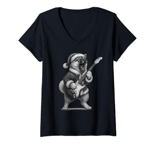 Damen American Akita spielt Gitarre Weihnachten Hundeliebhaber T-Shirt mit V-Ausschnitt von Funny Akita Rock Music Dog Designs