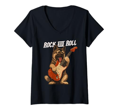 Damen Amerikanischer Akita spielt Gitarre Rock and Roll Dog Lover T-Shirt mit V-Ausschnitt von Funny Akita Rock Music Dog Designs