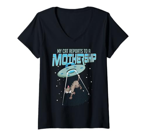 Damen Meine Katze berichtet einem Mutterschiff UFO Alien Männer Frauen T-Shirt mit V-Ausschnitt Damen Meine Katze berichtet einem Mutterschiff UFO Alien Männer Frauen T-Shirt mit V-Ausschnitt von Funny Alien Abduction Kitty Cat Lover Apparel