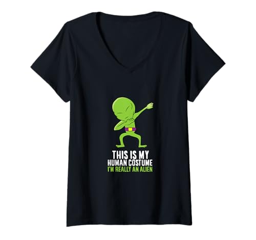 Damen Alien-Kostüm "This Is My Human Costume I'm Really An Alien" T-Shirt mit V-Ausschnitt Damen Alien-Kostüm "This Is My Human Costume I'm Really An Alien" T-Shirt mit V-Ausschnitt von Funny Alien And Ufo Gifts