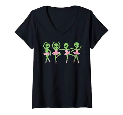 Damen Alien Ballerinas Pink Tutus Cute Ballett Tanz T-Shirt mit V-Ausschnitt Damen Alien Ballerinas Pink Tutus Cute Ballett Tanz T-Shirt mit V-Ausschnitt von Funny Alien Ballet Dancers Dancing Sci-Fi Design