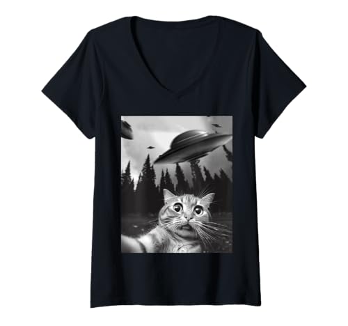 Damen Lustiges Katzen-Selfie mit UFOs T-Shirt mit V-Ausschnitt Damen Lustiges Katzen-Selfie mit UFOs T-Shirt mit V-Ausschnitt von Funny Alien Cat Selfie Shop