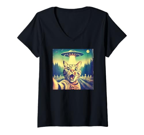 Damen Lustige Katze Selfie UFO Alien Lustig Sci-Fi Grafik Katze Spaß T-Shirt mit V-Ausschnitt Damen Lustige Katze Selfie UFO Alien Lustig Sci-Fi Grafik Katze Spaß T-Shirt mit V-Ausschnitt von Funny Alien Cat UFO Selfie Graphic Apparel Co.