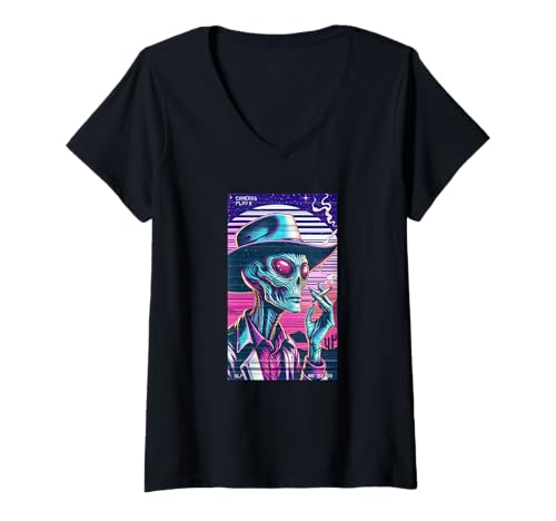 Damen Vor der Kamera erwischt Lustiger rauchender Cowboy Alien Synthwave T-Shirt mit V-Ausschnitt Damen Vor der Kamera erwischt Lustiger rauchender Cowboy Alien Synthwave T-Shirt mit V-Ausschnitt von Funny Alien Gifts For UFO Lovers