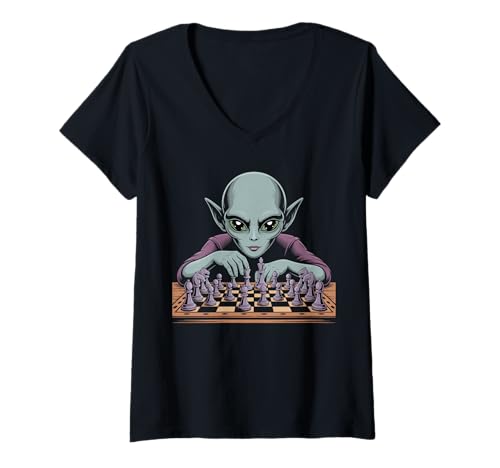 Damen Lustiger grüner Alien, der Schach spielt, Coole UFOs, lustige Alien-Memes T-Shirt mit V-Ausschnitt Damen Lustiger grüner Alien, der Schach spielt, Coole UFOs, lustige Alien-Memes T-Shirt mit V-Ausschnitt von Funny Alien Playing Chess Shirt Space Aliens Shirt