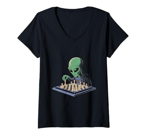 Damen Lustiger grüner Alien, der Schach spielt, Coole UFOs, lustige Alien-Memes T-Shirt mit V-Ausschnitt Damen Lustiger grüner Alien, der Schach spielt, Coole UFOs, lustige Alien-Memes T-Shirt mit V-Ausschnitt von Funny Alien Playing Chess Shirt Space Aliens Shirt