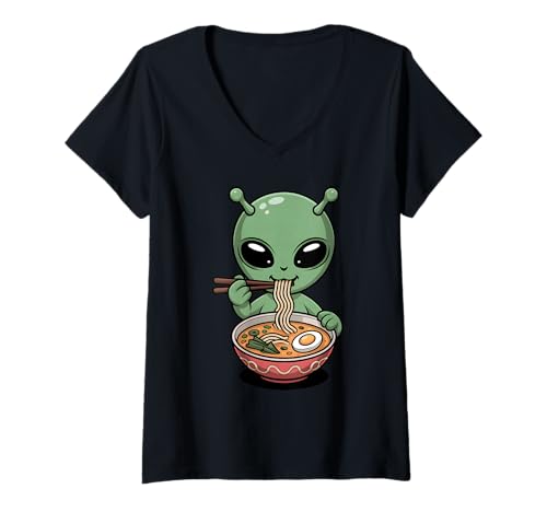 Damen Süße Alien Essen Ramen Japanische Kawaii Space Nudeln T-Shirt mit V-Ausschnitt Damen Süße Alien Essen Ramen Japanische Kawaii Space Nudeln T-Shirt mit V-Ausschnitt von Funny Alien Ramen Lover Apparel