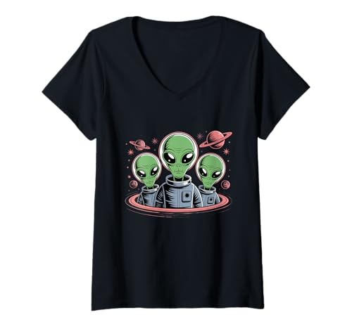 Damen Lustige Aliens-Grafik T-Shirt mit V-Ausschnitt von Funny Alien Shirt