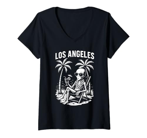 Damen Los Angeles Entspannender Urlaub am Alien Beach im Sommer T-Shirt mit V-Ausschnitt Damen Los Angeles Entspannender Urlaub am Alien Beach im Sommer T-Shirt mit V-Ausschnitt von Funny Alien at the Beach Meme Tropical Design