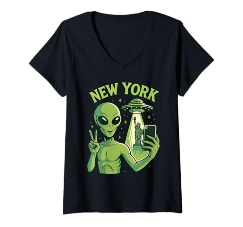Damen Lustiges Alien Peace Zeichen Selfie New York UFO Meme T-Shirt mit V-Ausschnitt Damen Lustiges Alien Peace Zeichen Selfie New York UFO Meme T-Shirt mit V-Ausschnitt von Funny Alien & UFO Invasion Travel Sci-Fi Aesthetic