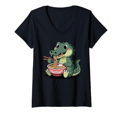Damen Niedlicher Alligator isst Ramen Japanische Kawaii Reptiliennudeln T-Shirt mit V-Ausschnitt Damen Niedlicher Alligator isst Ramen Japanische Kawaii Reptiliennudeln T-Shirt mit V-Ausschnitt von Funny Alligator Ramen Lover Apparel