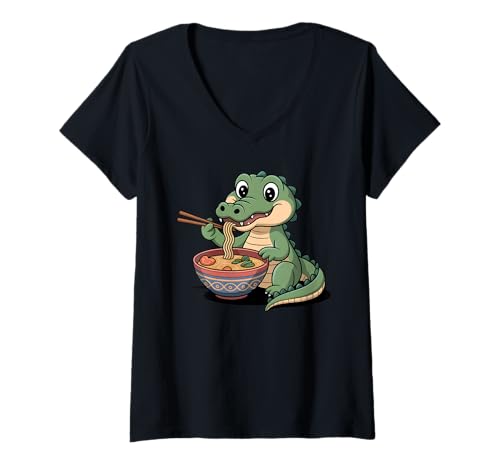 Damen Niedlicher Alligator isst Ramen Japanische Kawaii Reptiliennudeln T-Shirt mit V-Ausschnitt Damen Niedlicher Alligator isst Ramen Japanische Kawaii Reptiliennudeln T-Shirt mit V-Ausschnitt von Funny Alligator Ramen Lover Apparel
