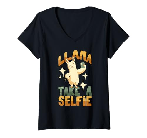 Damen Lama Mach ein Selfie T-Shirt mit V-Ausschnitt Damen Lama Mach ein Selfie T-Shirt mit V-Ausschnitt von Funny Alpaca Puns