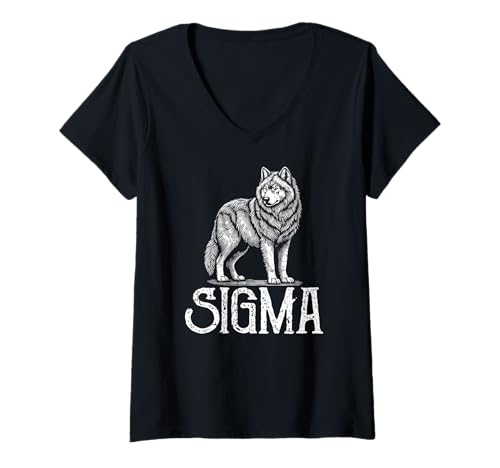 Damen Sigma Wolf Heulendes Wildtier T-Shirt mit V-Ausschnitt von Funny Alpha Wild Wolf
