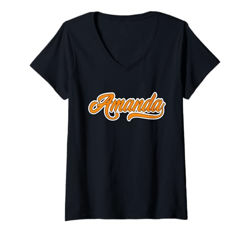 Damen Elegant First Name Amanda Team Amanda Orange Font T-Shirt mit V-Ausschnitt von Funny Amanda Given Name Gift Ideas For Her
