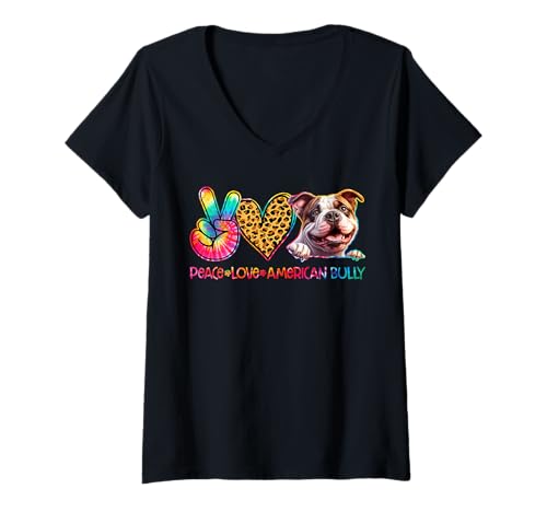 Damen Peace Love American Bully Batik Hundeliebhaber T-Shirt mit V-Ausschnitt Damen Peace Love American Bully Batik Hundeliebhaber T-Shirt mit V-Ausschnitt von Funny American Bully Gifts