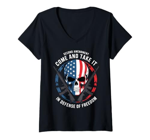 Damen Patriotischer Totenkopf und Gewehre - In Defense of Freedom 2A USA T-Shirt mit V-Ausschnitt von Funny Ammo Gun Lovers Saying Gun Owner Gift Ideas