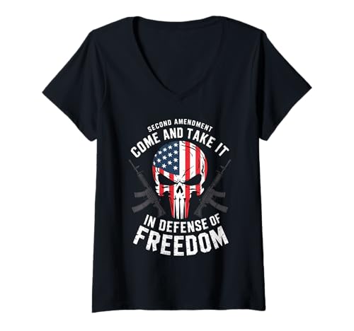Damen Totenkopf mit amerikanischer Flagge – Come and Take It, Proud 2A Patriot USA T-Shirt mit V-Ausschnitt von Funny Ammo Gun Lovers Saying Gun Owner Gift Ideas